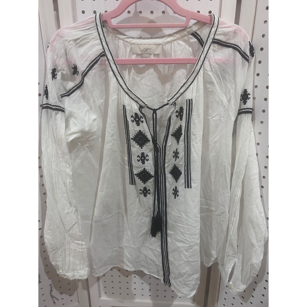 LOFT Embroidered Tassel Tie Neck Blouse White Black Long Sleeve Casual Women's M